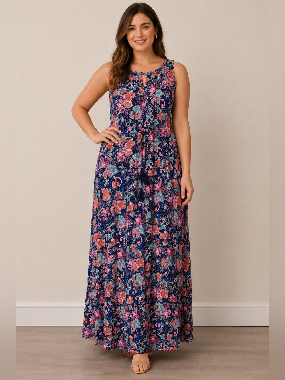 Talbots Floral Boho Romantic Feminine Blue Maxi Dress with Tassel Tie Large